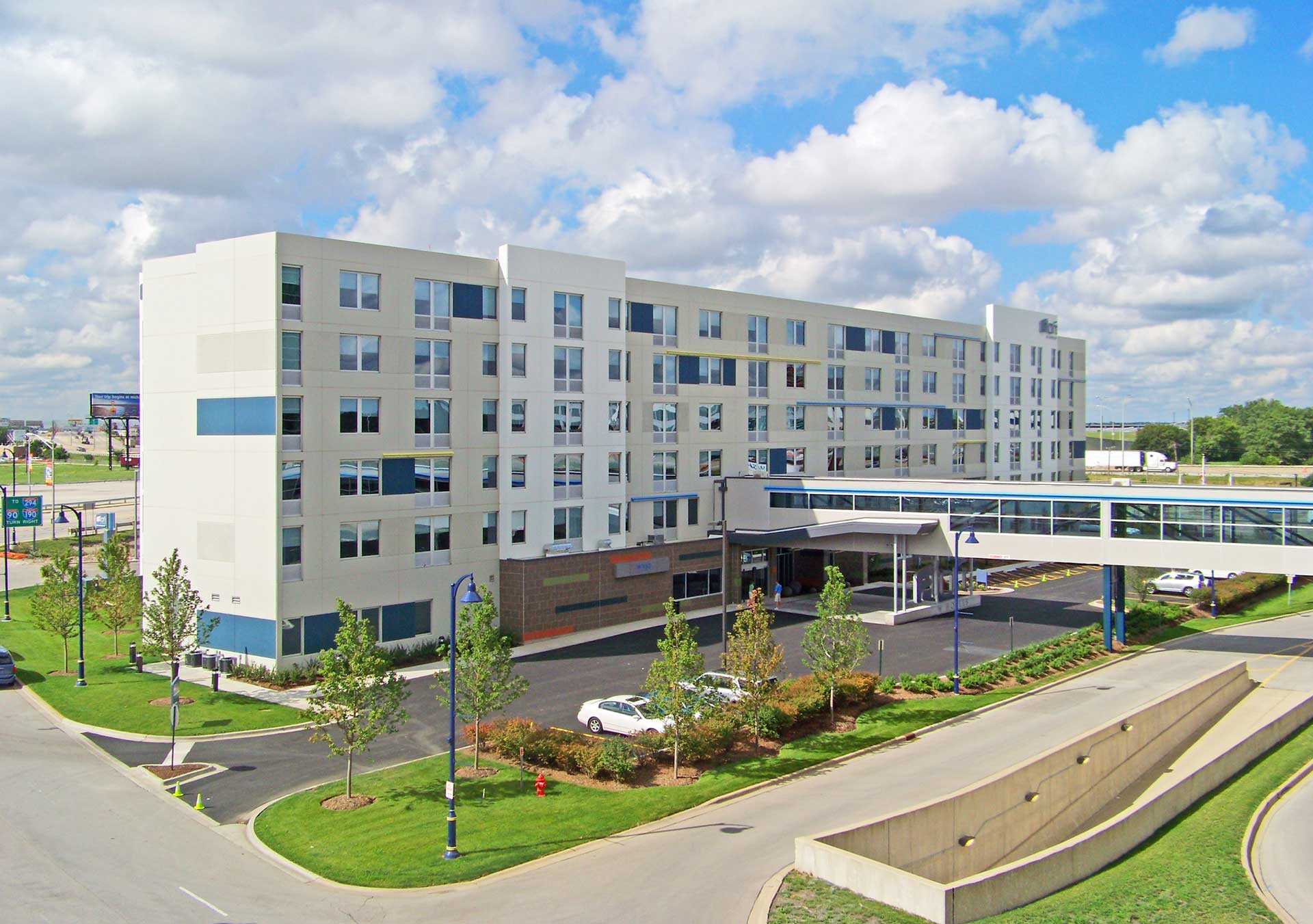 Enclosed pedestrian walkway at Aloft Hotel