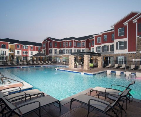 Grounds for the central clubhouse at The Den student apartments