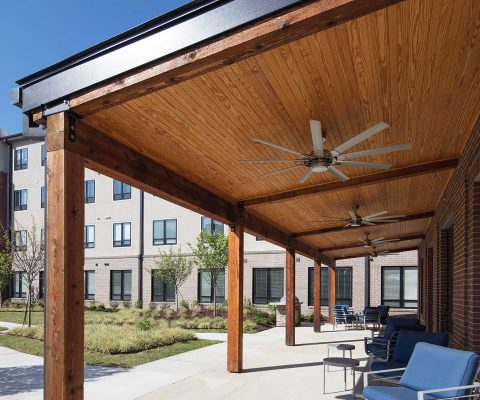Outdoor seating area at Mercy Housing at Mercy Park